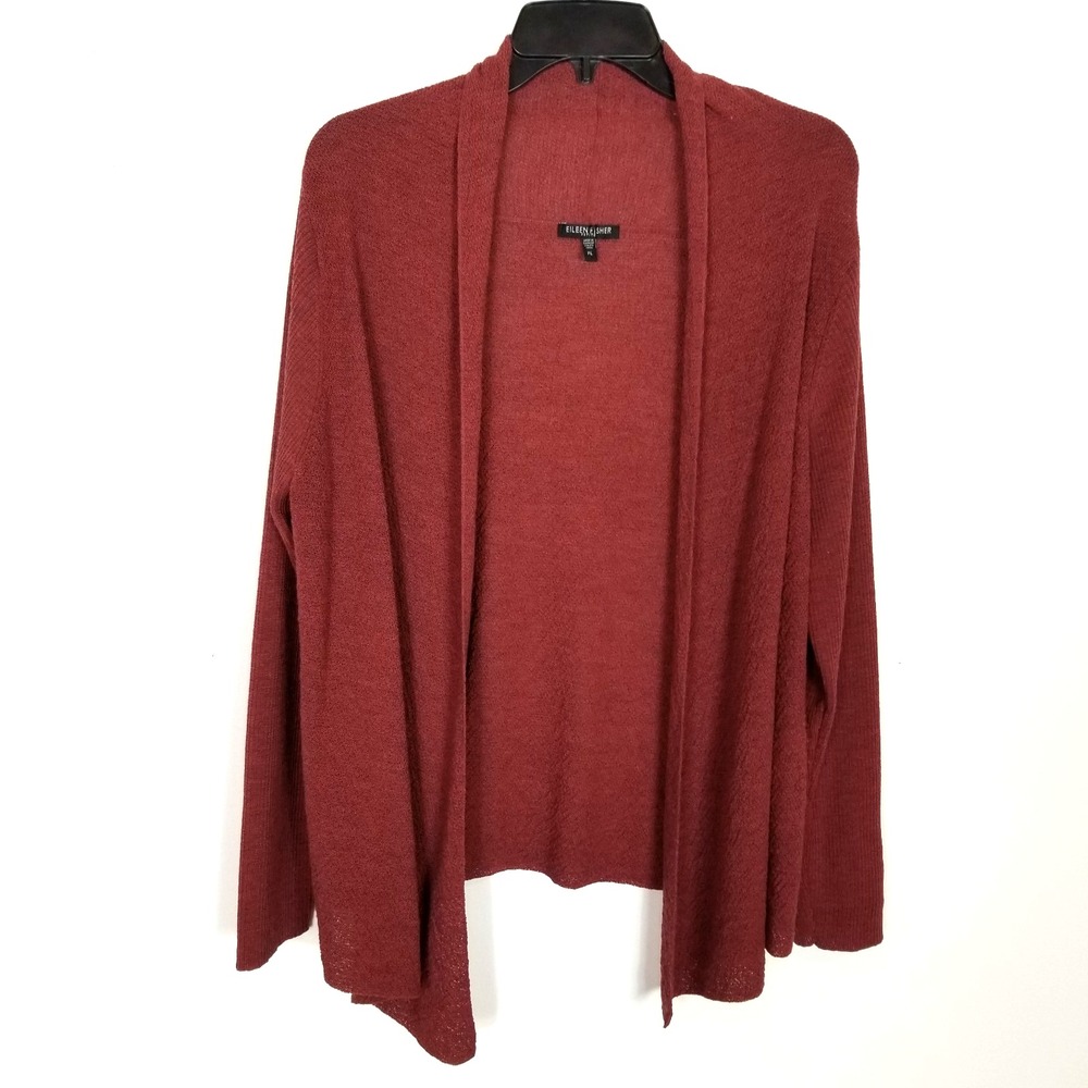 Eileen Fisher Muted Red 100% Wool Open Front Cardigan Sweater L Petite Classic